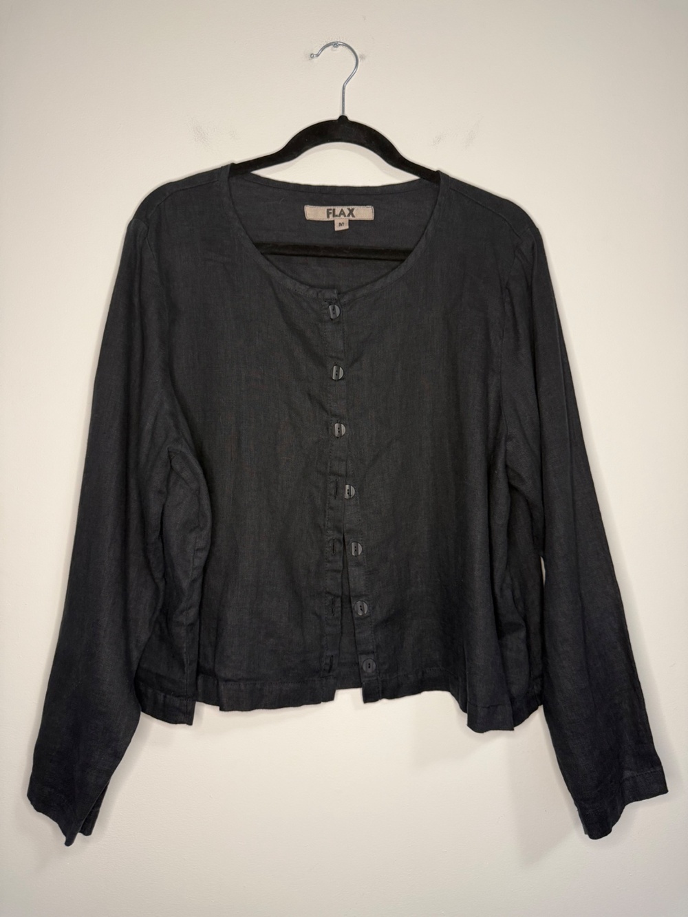 FLAX Linen Cropped Button Front Top Black Medium Womens